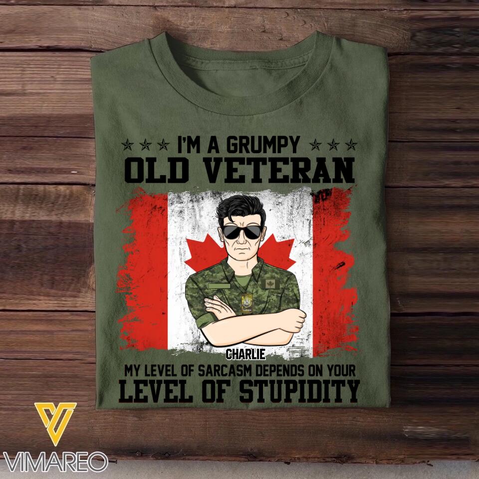 Personalized I'm A Grumpy Canadian Old Veteran My Level Of Sarcasm Depends On Your Level Of Stupidity Rank Camo Printed Tshirts 23FEB-DT02