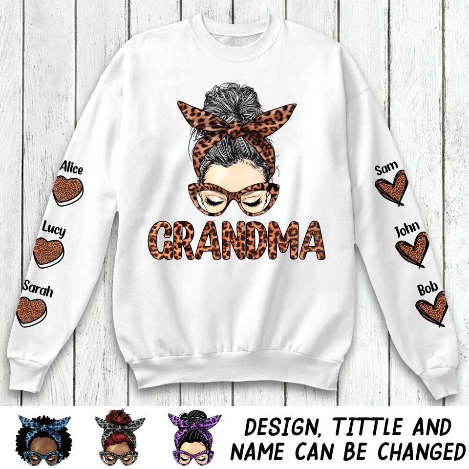 Personalized Messy Bun Hair Bow Tie Leopard Grandma With Grandkids Heart On Sleeve Sweater Shirt Printed 23FEB-VD02