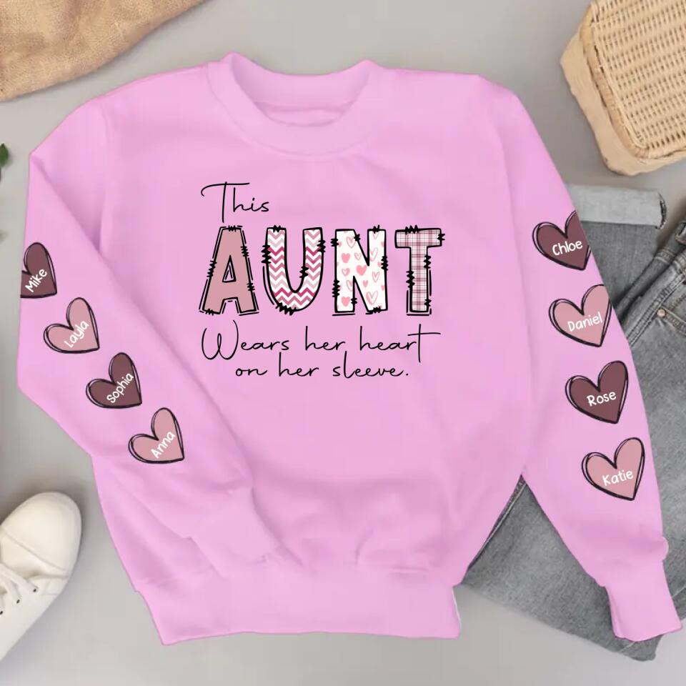 Personalized This Aunt Wears Her Heart On Her Sleeve Printed Sweatshirt 23FEB-VD06