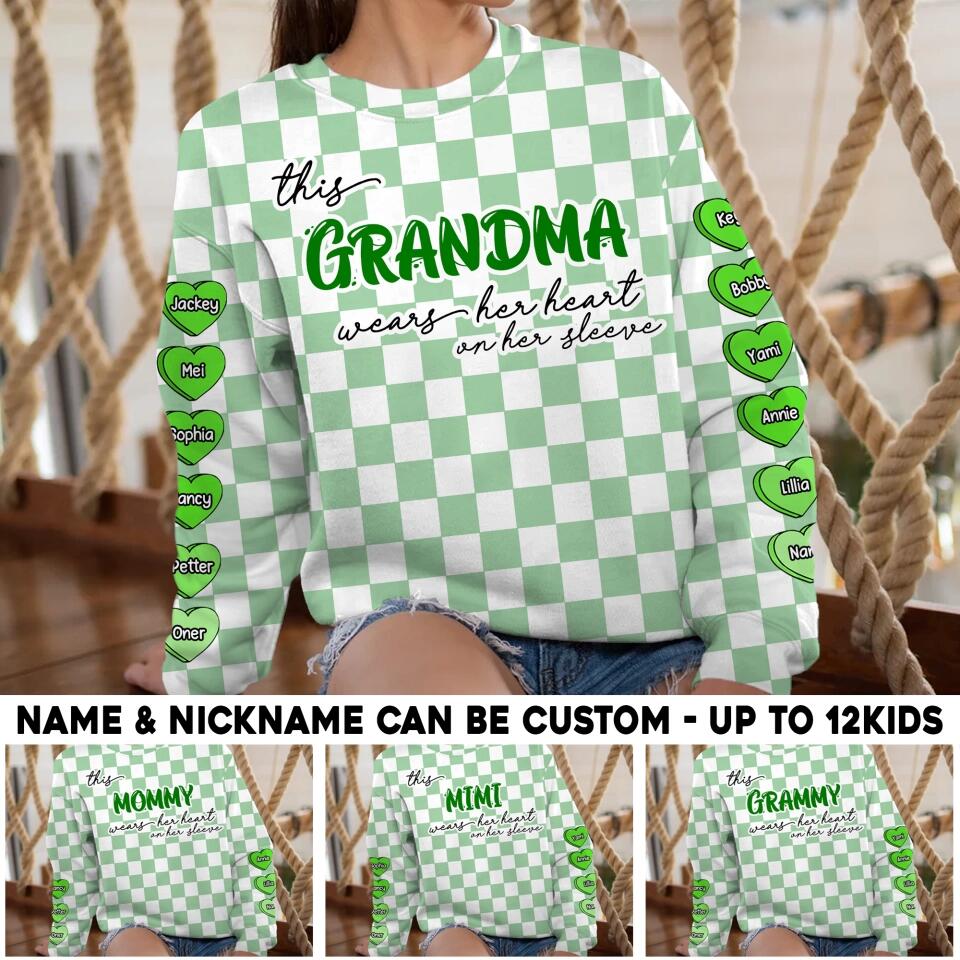 Personalized This Grandma Wears Her Heart On Her Sleeve Patrick Day Printed Sweatshirt QTHQ1002