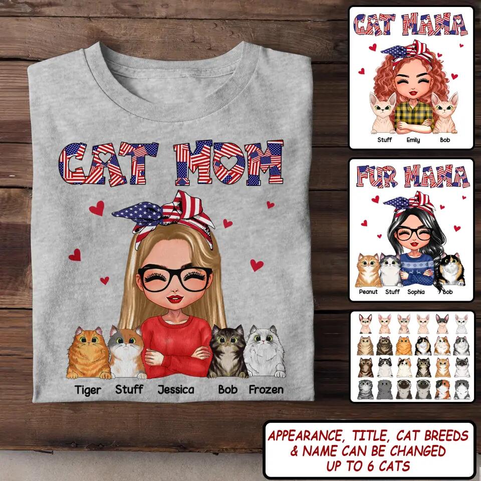 Personalized Cat Mom Fur Mama Cat Lovers Us Flag Tshirt Printed 23MAR-DT06