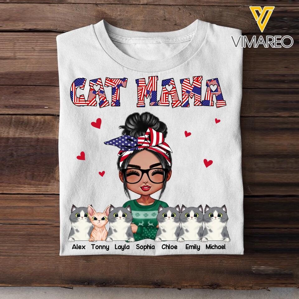 Personalized Cat Mom Fur Mama Cat Lovers Us Flag Tshirt Printed 23MAR-DT06