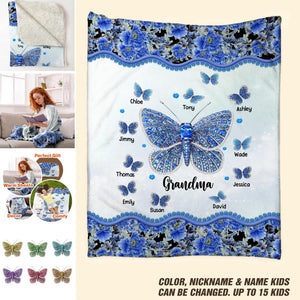 Personalized Butterflies & Flowers Background Grandma with Kid's Name Quilt Blanket Printed PNDT0603