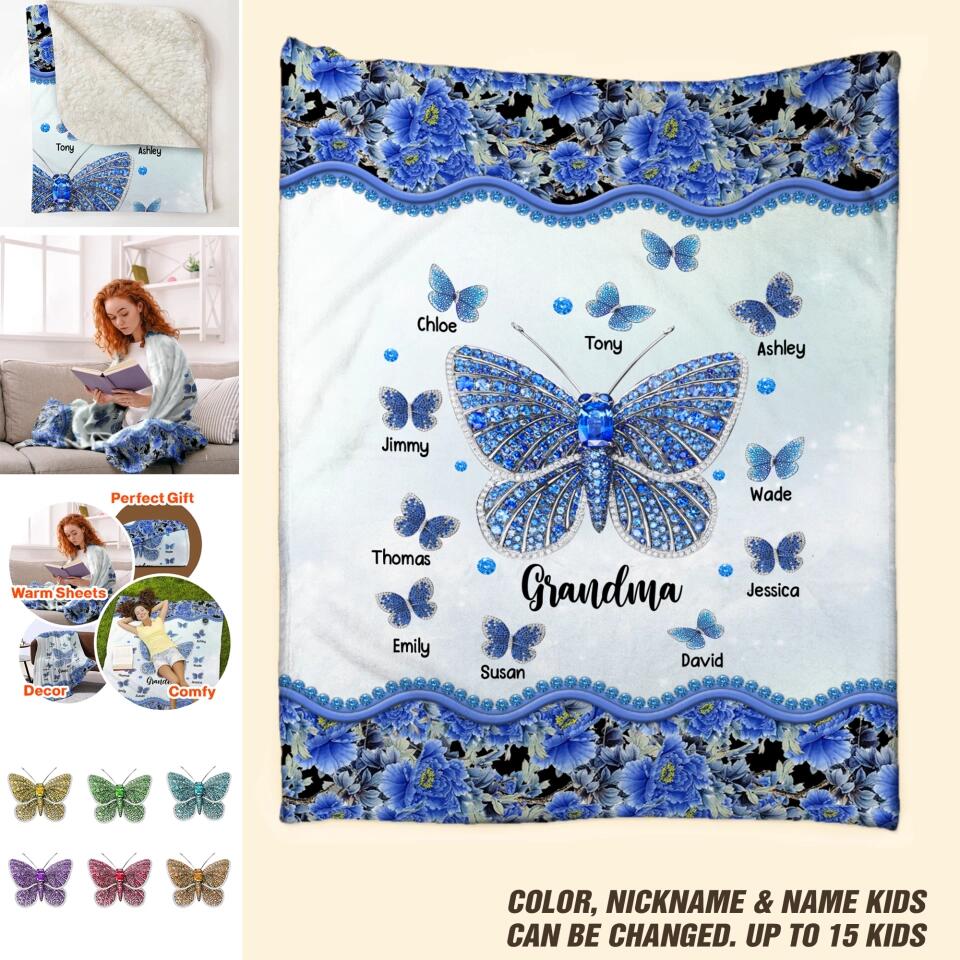 Personalized Butterflies & Flowers Background Grandma with Kid's Name Quilt Blanket Printed PNDT0603