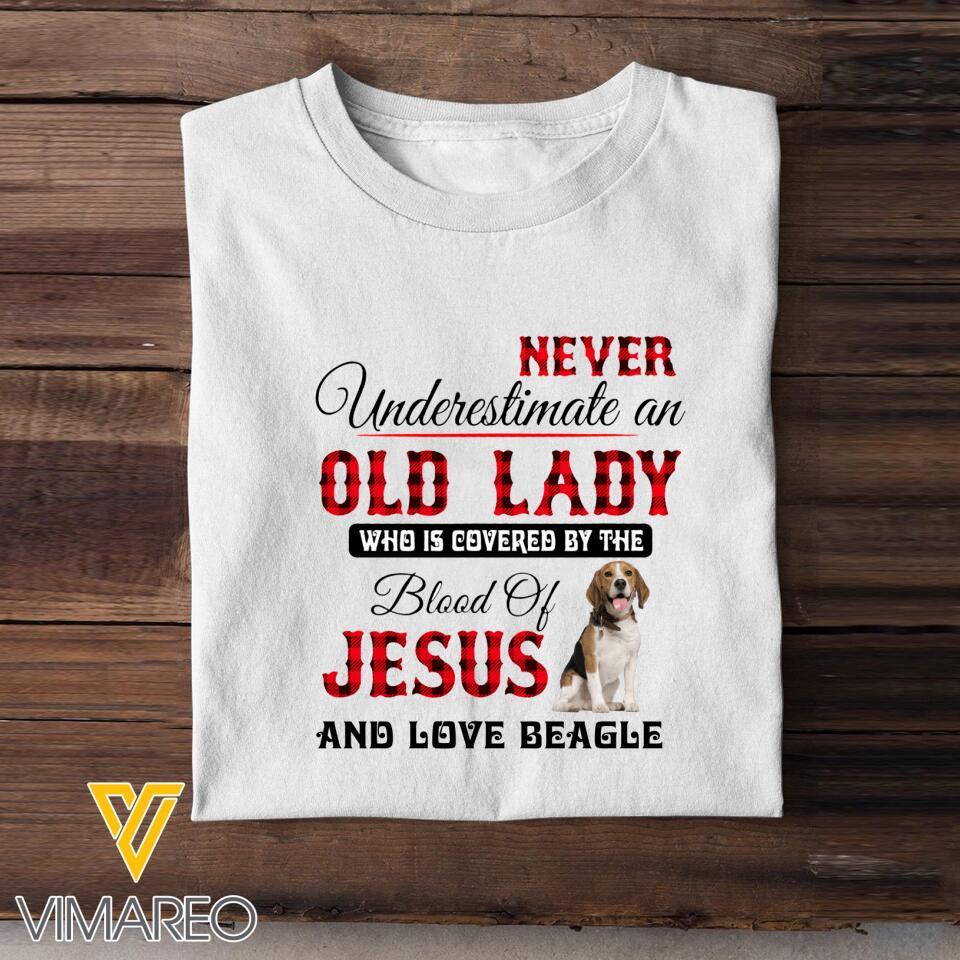 NEVER UNDERESTIMATE AN OLD LADY LOVE JESUS AND BEAGLE TSHIRT