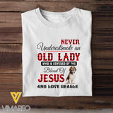 NEVER UNDERESTIMATE AN OLD LADY LOVE JESUS AND BEAGLE TSHIRT