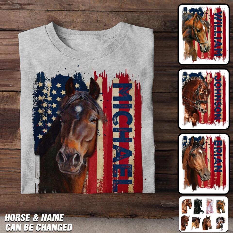 Personalized Horse US Flag Background Tshirt Printed 23MAR-DT29