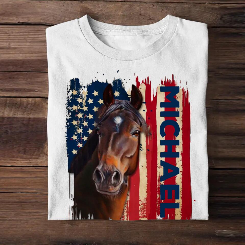 Personalized Horse US Flag Background Tshirt Printed 23MAR-DT29