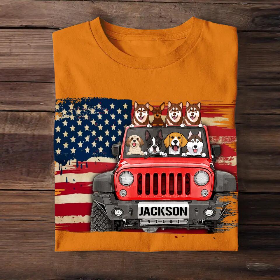 Personalized Dogs & Jeep US Flag Background Tshirt Printed 23APR-DT05