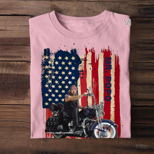 Personalized Upload Your Motorcyclist Photo US Flag Background Tshirt Printed 23MAR-BQT29