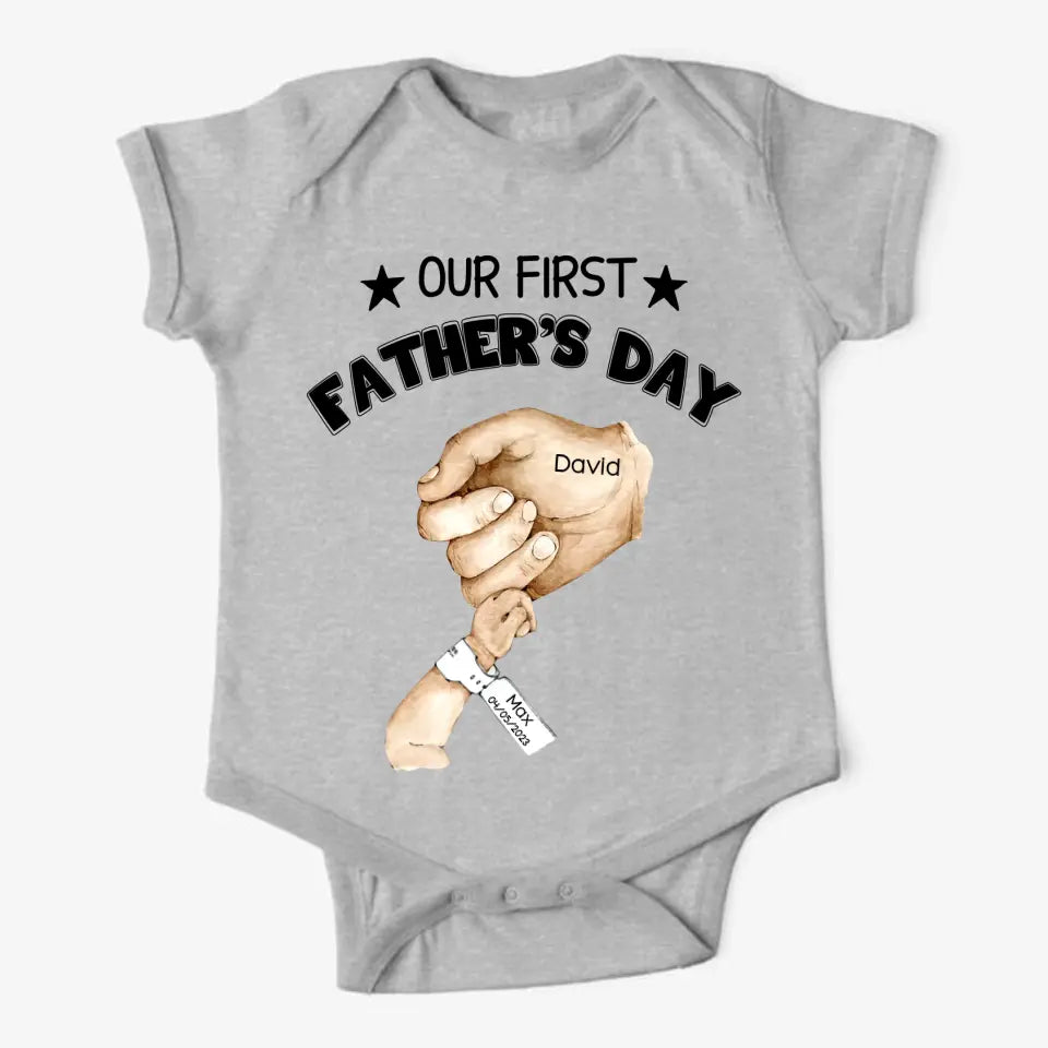 Personalized Our First Father's Day & Hand with Kid Name Tshirt or Baby Onesie Printed PNPN1005