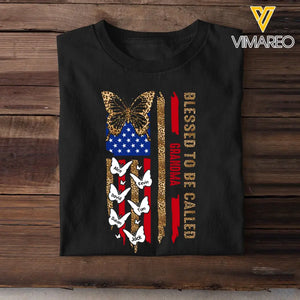 Personalized Blessed To Be Called Grandma Butterflies with Kid Name US Flag T-shirt Printed PNHQ1505