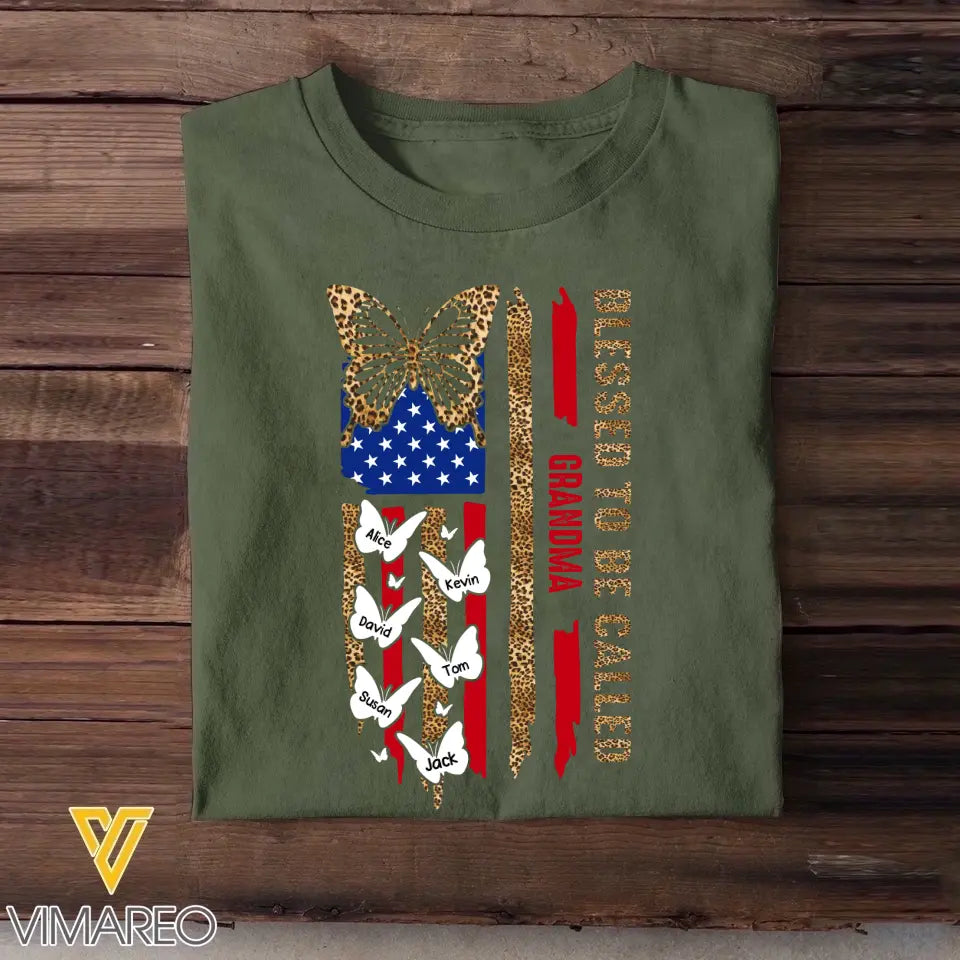 Personalized Blessed To Be Called Grandma Butterflies with Kid Name US Flag T-shirt Printed PNHQ1505