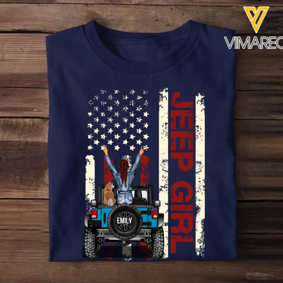 Personalized Jeep And Dog On Flag Color With Woman Chibi Custom Name Colors