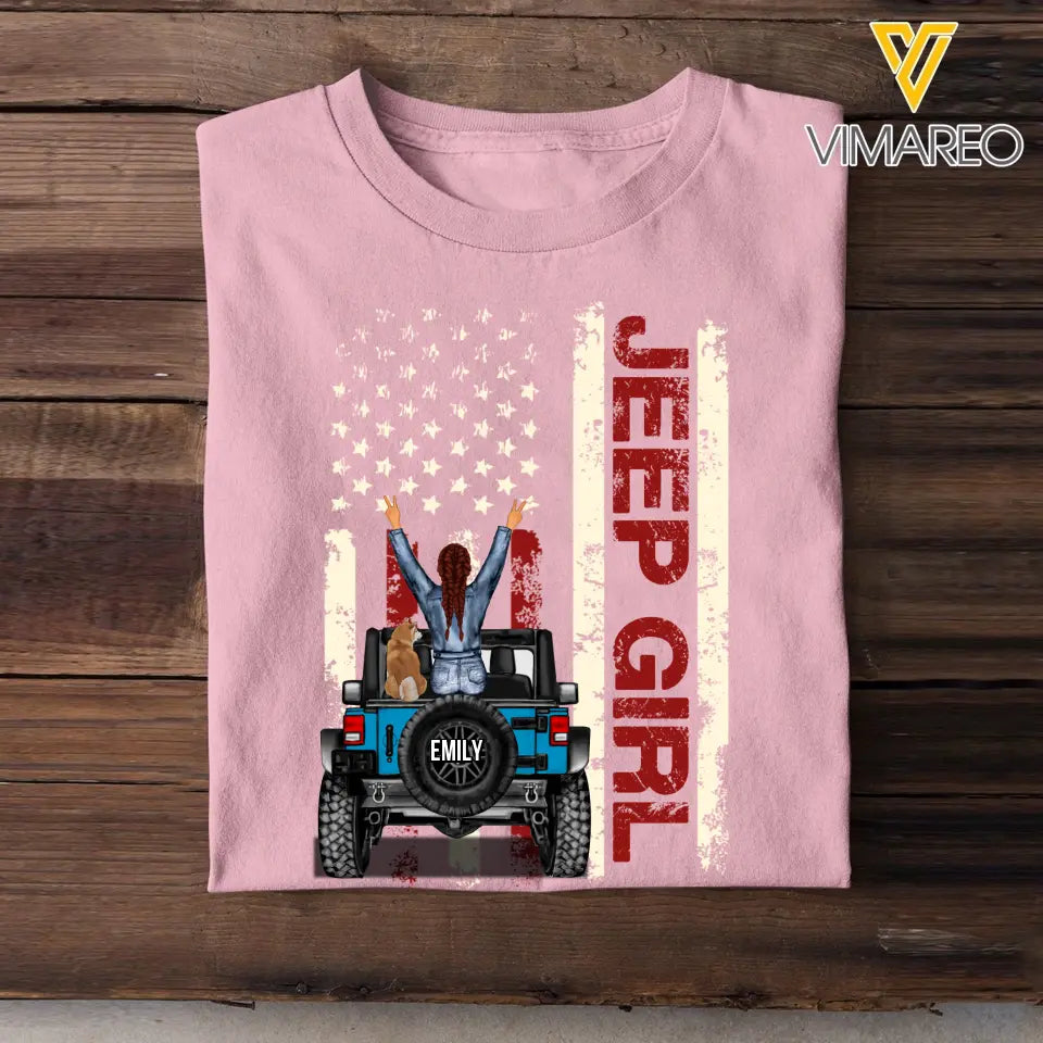 Personalized Jeep And Dog On Flag Color With Woman Chibi Custom Name Colors