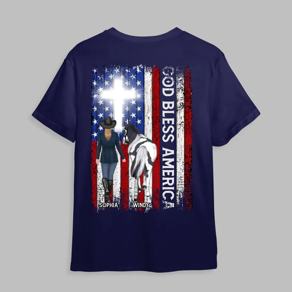 Personalized God Bless America Horse Girl Flag T-shirt Printed MTHHQ0206
