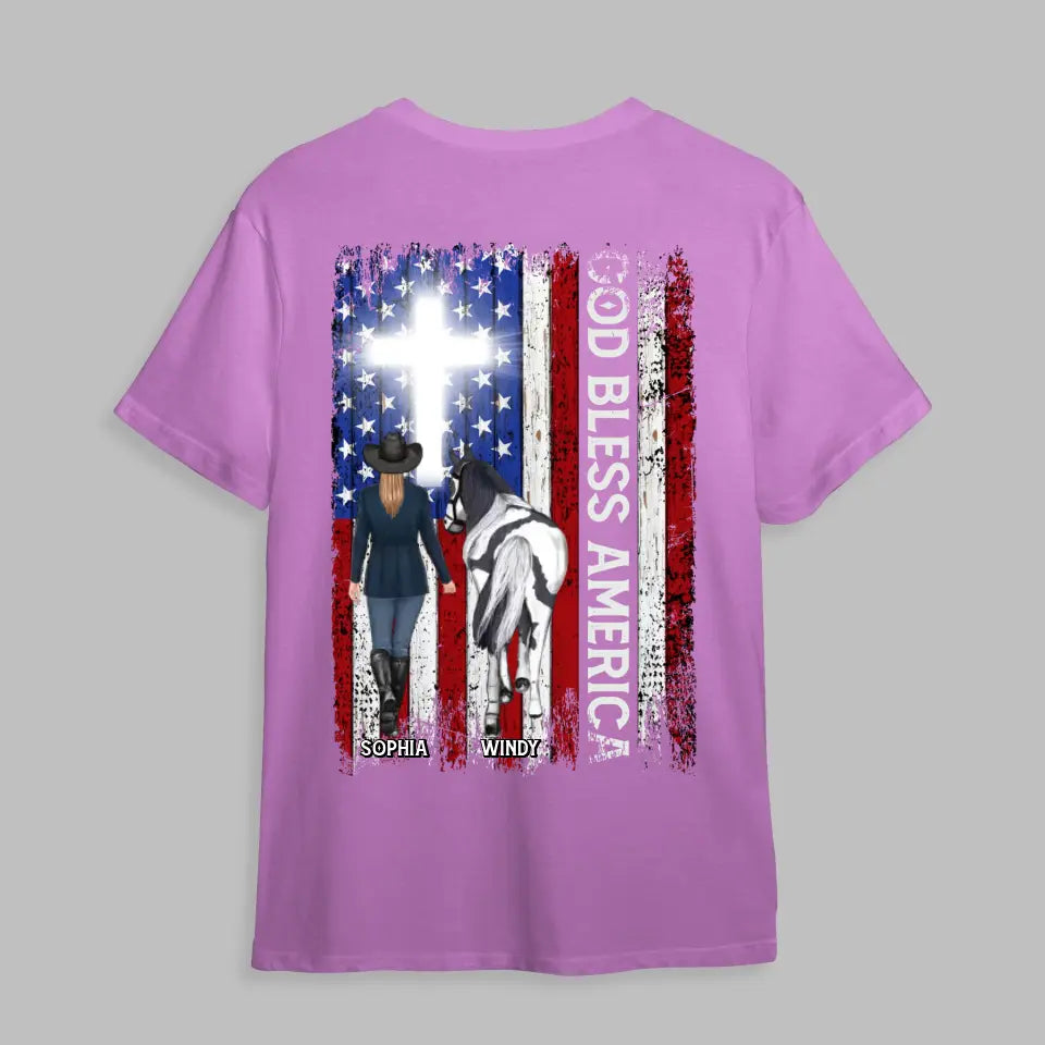 Personalized God Bless America Horse Girl Flag T-shirt Printed MTHHQ0206