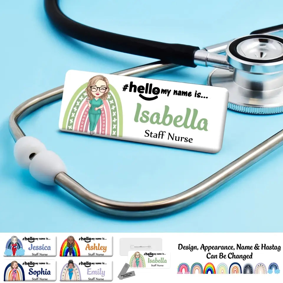 Personalized Rainbow Hello My Name Is Gift For Nurse Name Badge Holders Printed QTDT1006