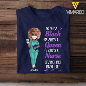 Personalized She's Black She's A Queen She's A Nurse Living Her Best Life Nurse Lovers Gift T-shirt Printed HTHDT0906