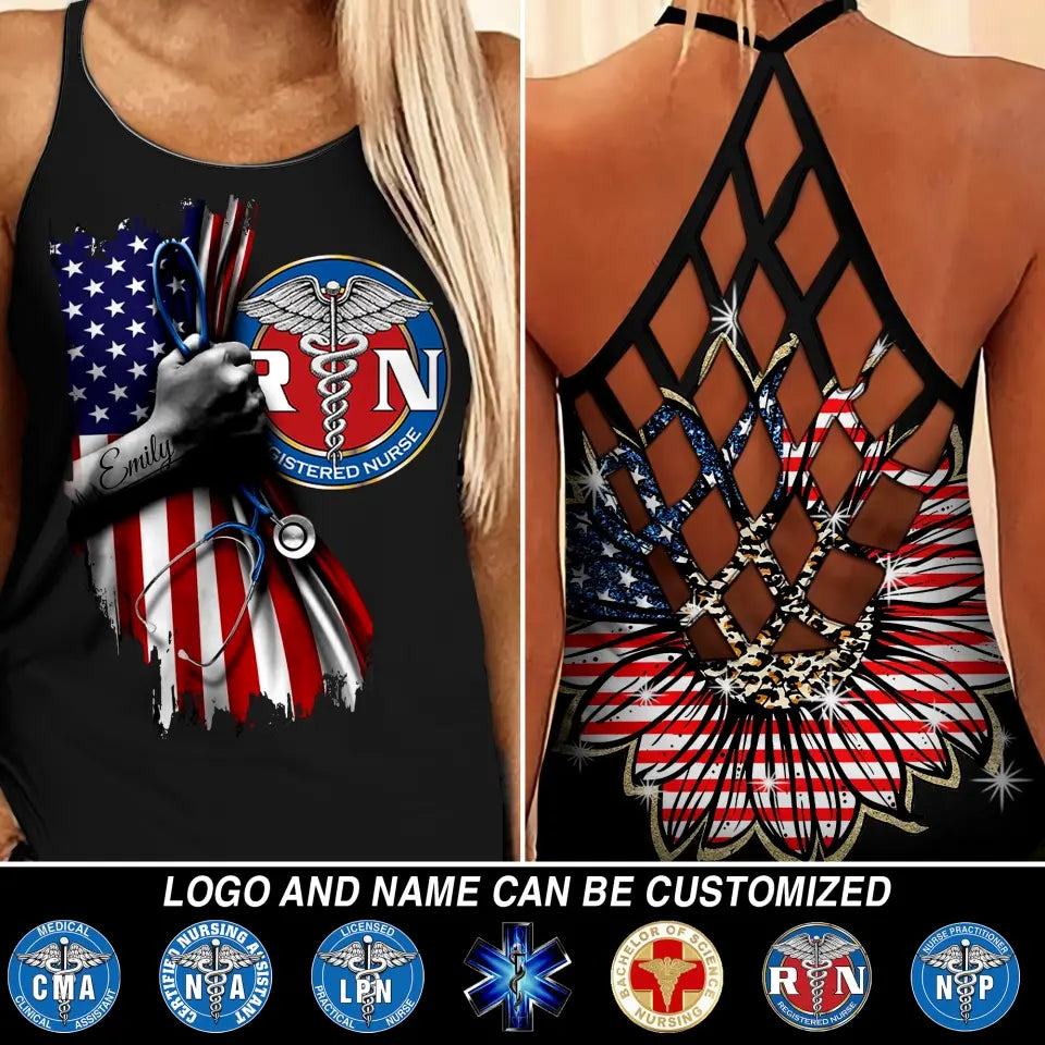 Personalized Nurse Logo US Flag Gift For Nurse Criss Cross Tank Printed HTHDT1306