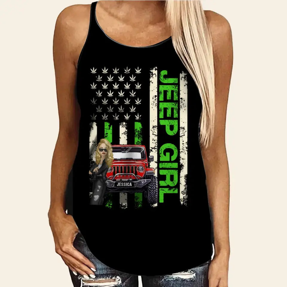 Personalized Jeep Girl Flag Background Jeep Lovers Criss Cross Tank Printed HTHDT1306