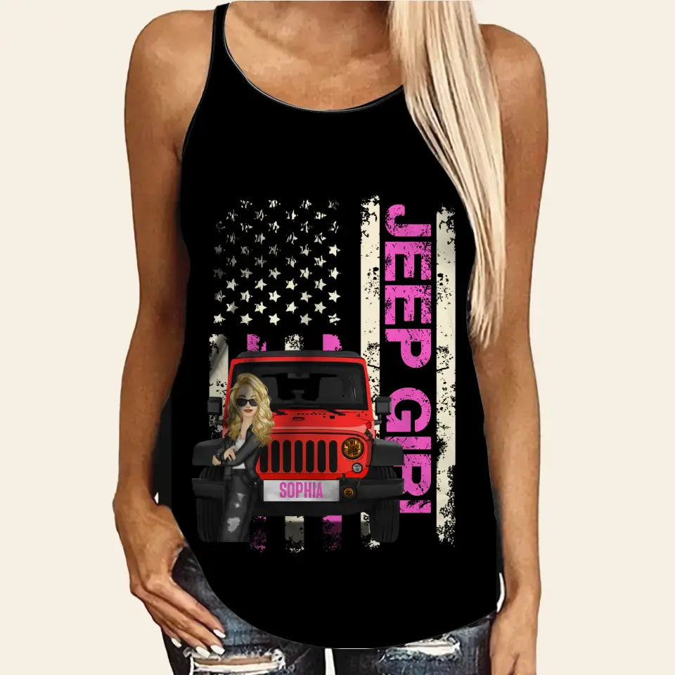Personalized Flag Jeep Girl with Name Jeep Lovers Criss Cross Tank Printed MTTB0906