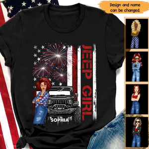 Personalized Jeep Girl Firework Flag Background Jeep Lovers Gift T-shirt Printed MTPN2106