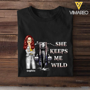 Personalized He Keeps Me Safe or She Keeps Me Wild Motorcycle Couple T-Shirt Printed MTHHN2406