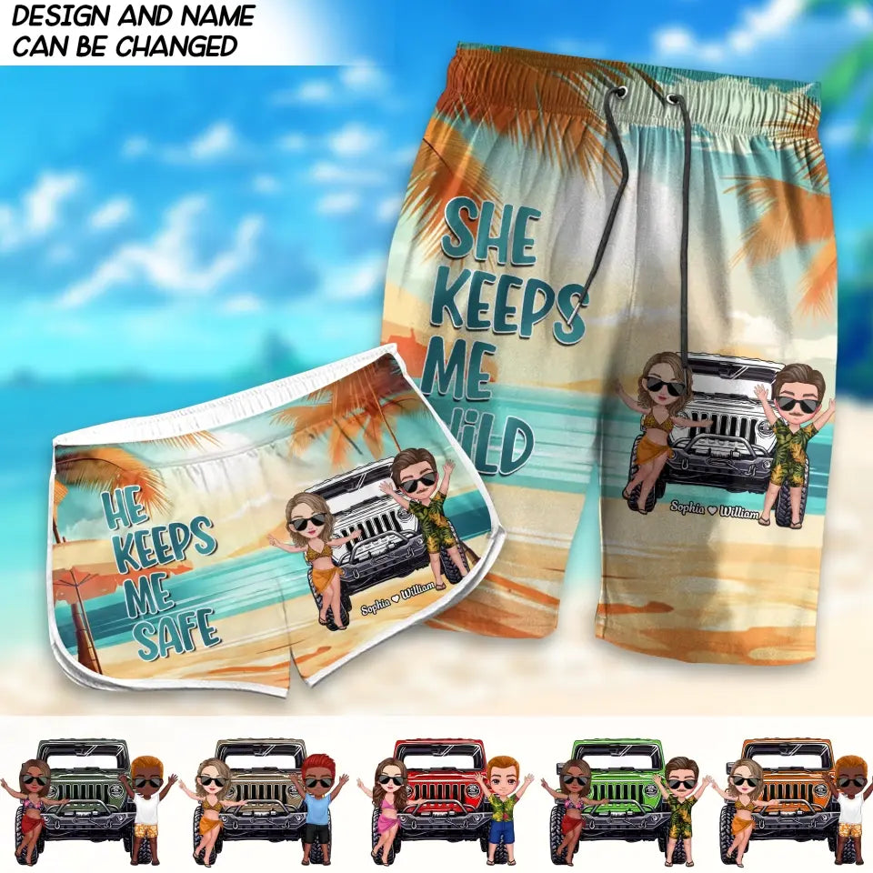 Personalized He Keeps Me Safe She Keeps Me Wild Couple Beach Short MTDT2806
