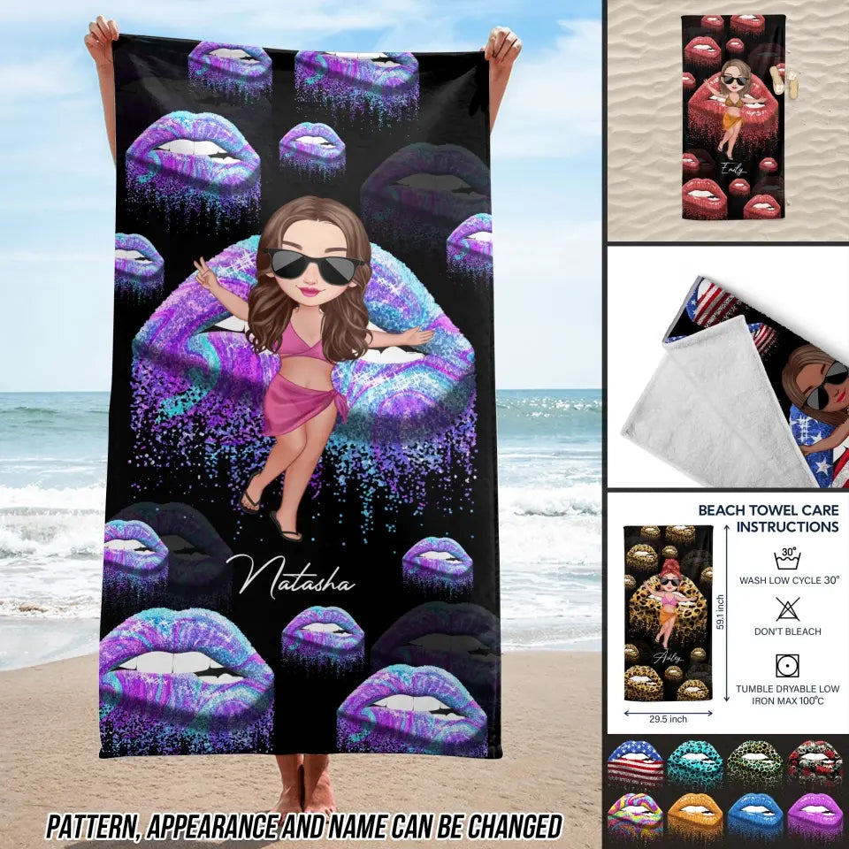 Personalized Girl On Beach Lips Colorful Beach Towel Printed PNDT3006