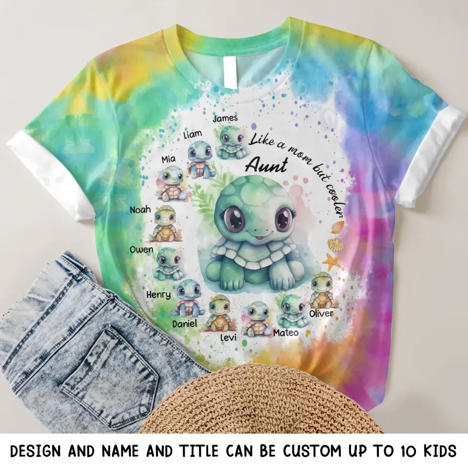 Personalzied Aunt Turtles with Kid Names 3D T-shirt Printed HTHKVH0507