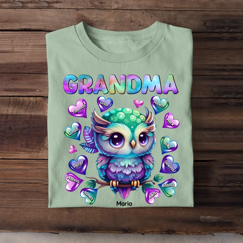 Personalized Owl Grandma Hearts with Kid Name T-shirt Printed 23JUL-PN04
