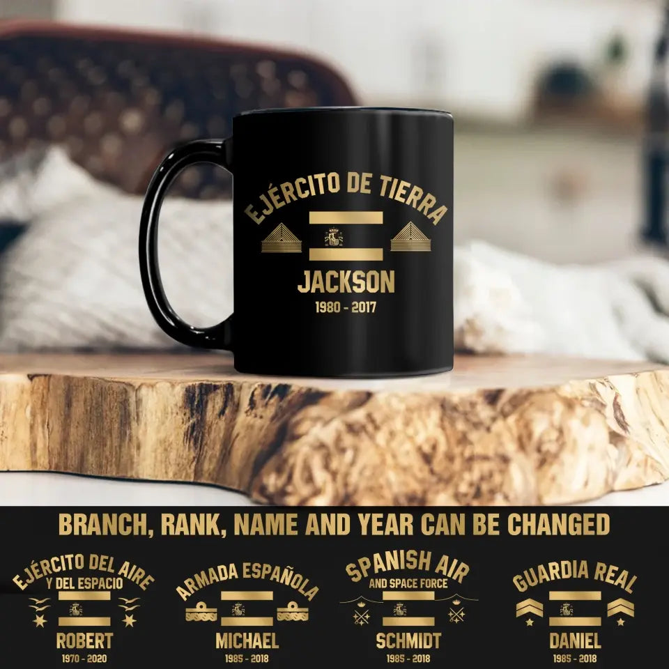 Personalized Spainish Veteran/Soldier Rank Camo & Flag Black Mug Printed 23JUL-DT04