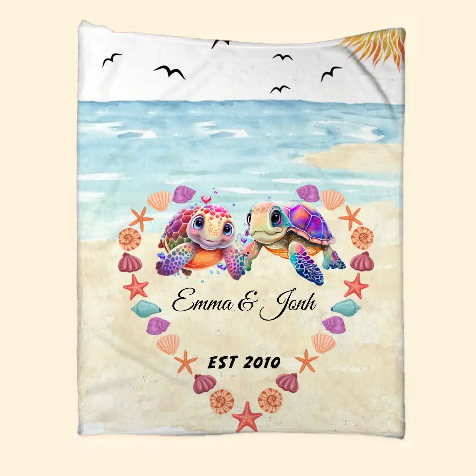 Personalized Couple Turtle On The Beach Quilt Blanket Printed MTHKVH0607