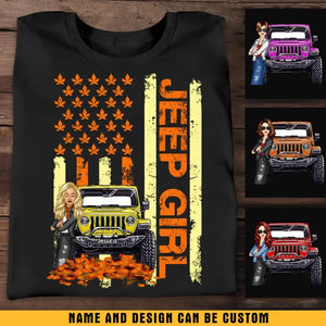 Personalized Jeep Girl Autumn Leaves Flag Background T-shirt Printed MTKVH0807