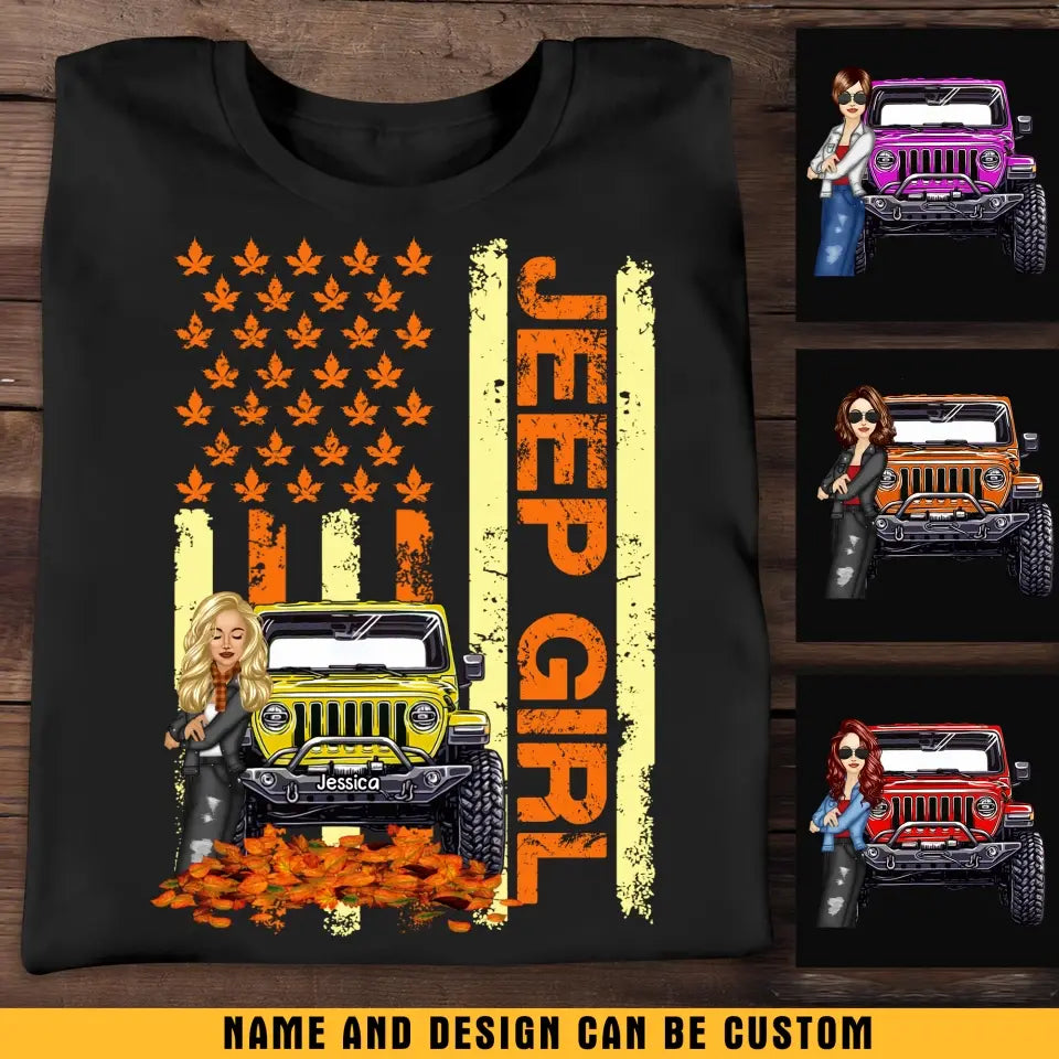 Personalized Jeep Girl Autumn Leaves Flag Background T-shirt Printed MTKVH0807