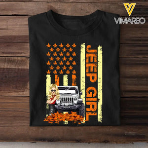 Personalized Jeep Girl Autumn Leaves Flag Background T-shirt Printed MTKVH0807