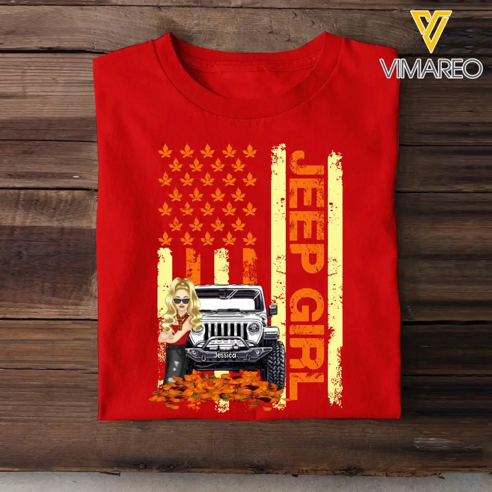 Personalized Jeep Girl Autumn Leaves Flag Background T-shirt Printed MTKVH0807