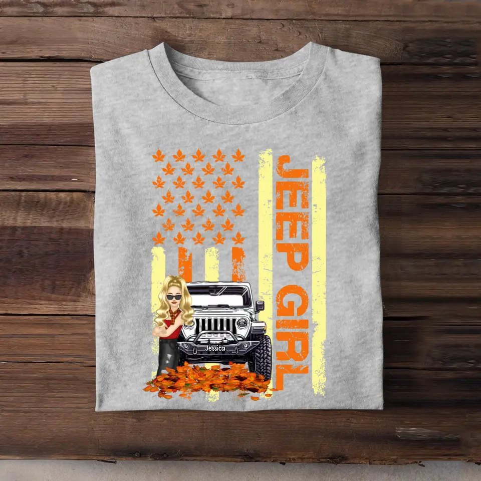 Personalized Jeep Girl Autumn Leaves Flag Background T-shirt Printed MTKVH0807