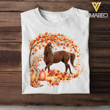 Personalized Upload Your Horse Photo Fall Season Pumpkin Maple Leaves T-shirt Printed MTHDT1007