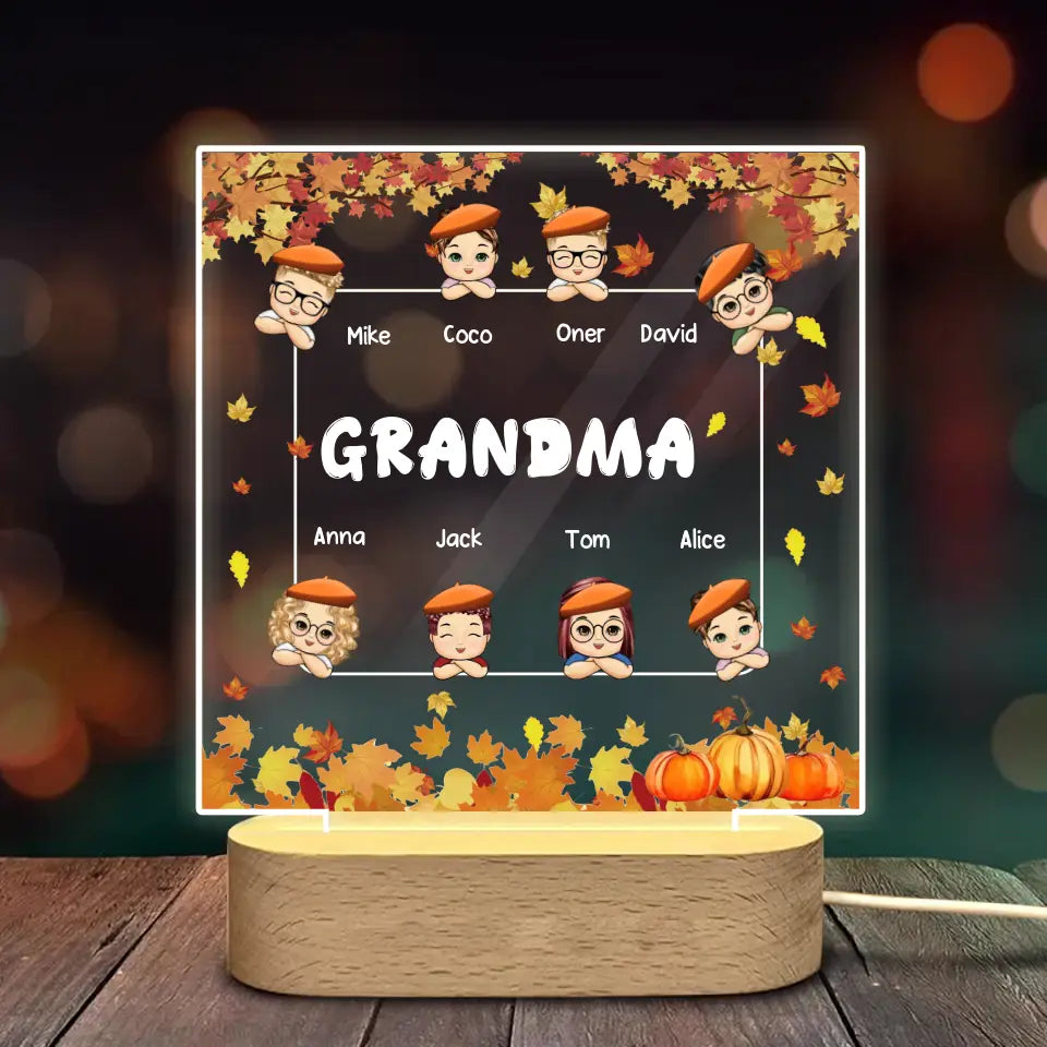 Personalized Fall Season Pumpkin Grandma with Kid Names LED Night Light Acrylic LED Lamp Printed PNKVH1107
