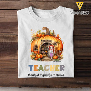 Personalized Fall Season Pumpkin Teacher Thankful Grateful Blessed T-Shirt Printed 23JUL-HN18