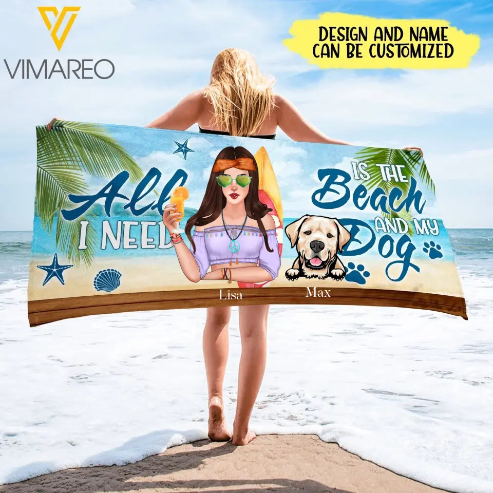 CUSTOMIZED HIPPIE GIRL AND HER DOG BEACH TOWEL NEYT22
