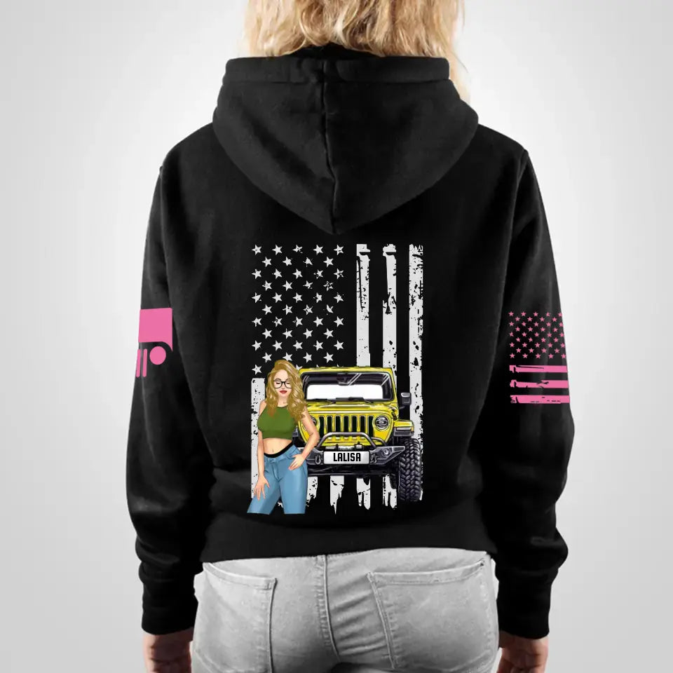 Personalized Jeep Girl with Name Flag Background Hoodie Printed PVD23189