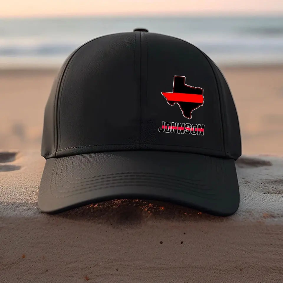 Personalized Firefighter Thin Red Line US State Flag Custom Name Black Cap TQTVQ23666