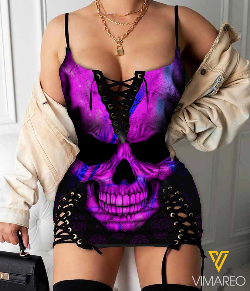 Skull Mystery Strap Eyelet Lace-up Mini Sleeveless Bandage Dress MAY-MA17