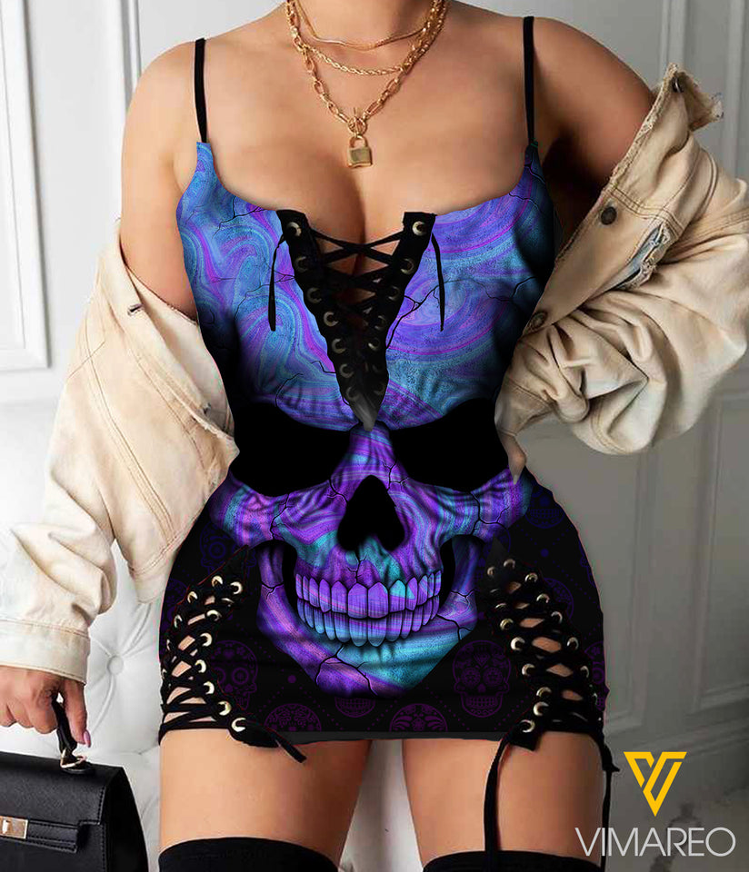 Skull Mystery Strap Eyelet Lace-up Mini Sleeveless Bandage Dress MAY-MA17