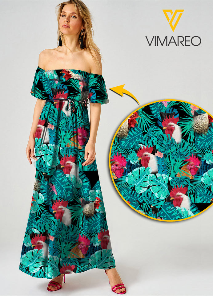 Rooster Sexy Off the Shoulder Short Sleeve Dress Hawaii Beach Leaf Printing Casual Long Dresses Women JUE-MD16