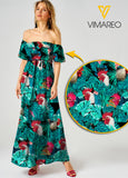 Rooster Sexy Off the Shoulder Short Sleeve Dress Hawaii Beach Leaf Printing Casual Long Dresses Women JUE-MD16