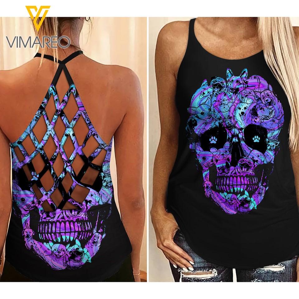Dog Skull Criss-Cross Open Back Camisole Tank Top MQSEHR